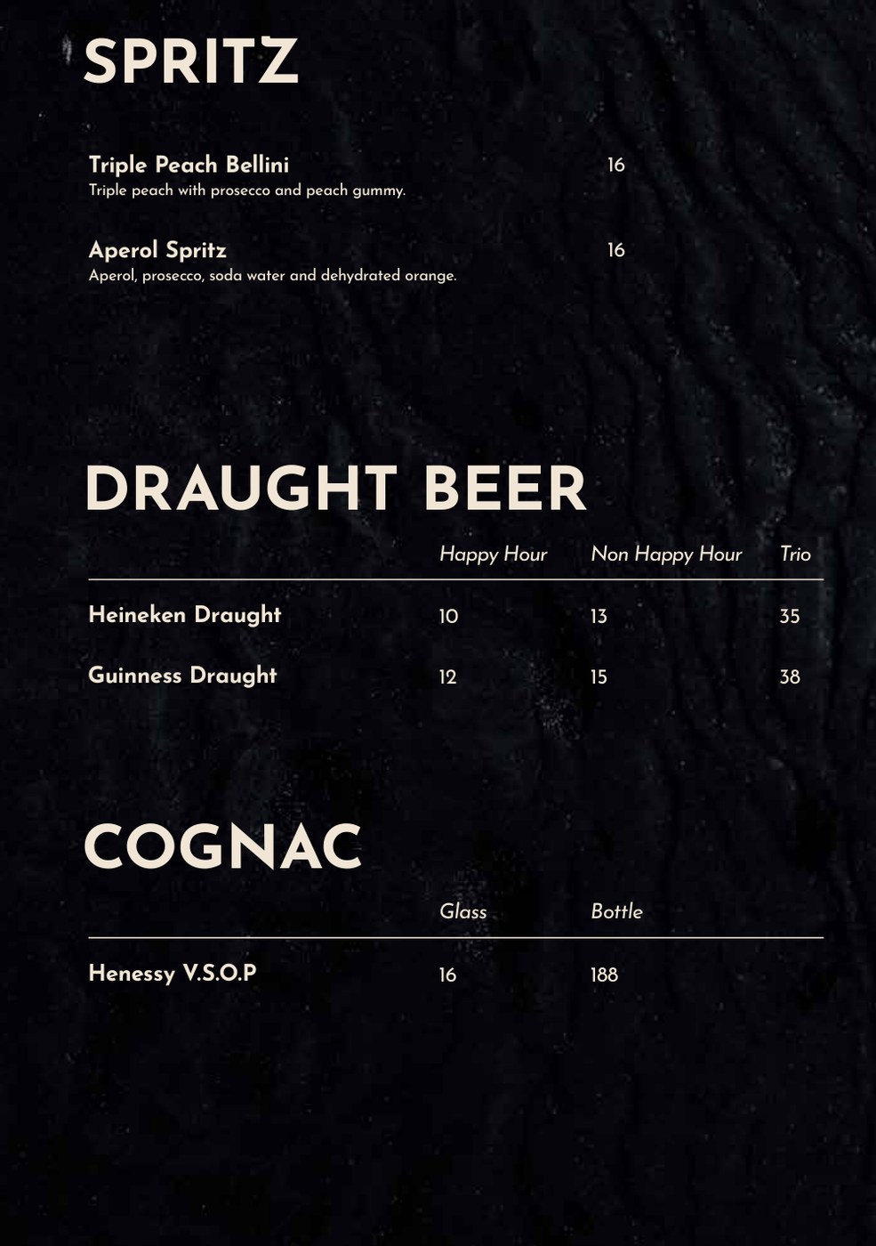 Drinks menu page of the Joo Chiat Oyster House dine-in menu